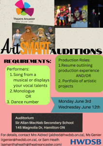 Applications are due by June 3rd, 2024. Send your completed package along with a current resume to jaldred@hwdsb.on.ca. Auditions will be held at Sir Allan MacNab Secondary School on June 3rd from 3:30-7 and June 12 from 3:30-7.